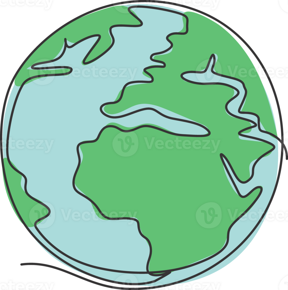 Single continuous line drawing of sphere global earth for logo label. World globe concept for study educational knowledge. Dynamic one line draw graphic illustration png