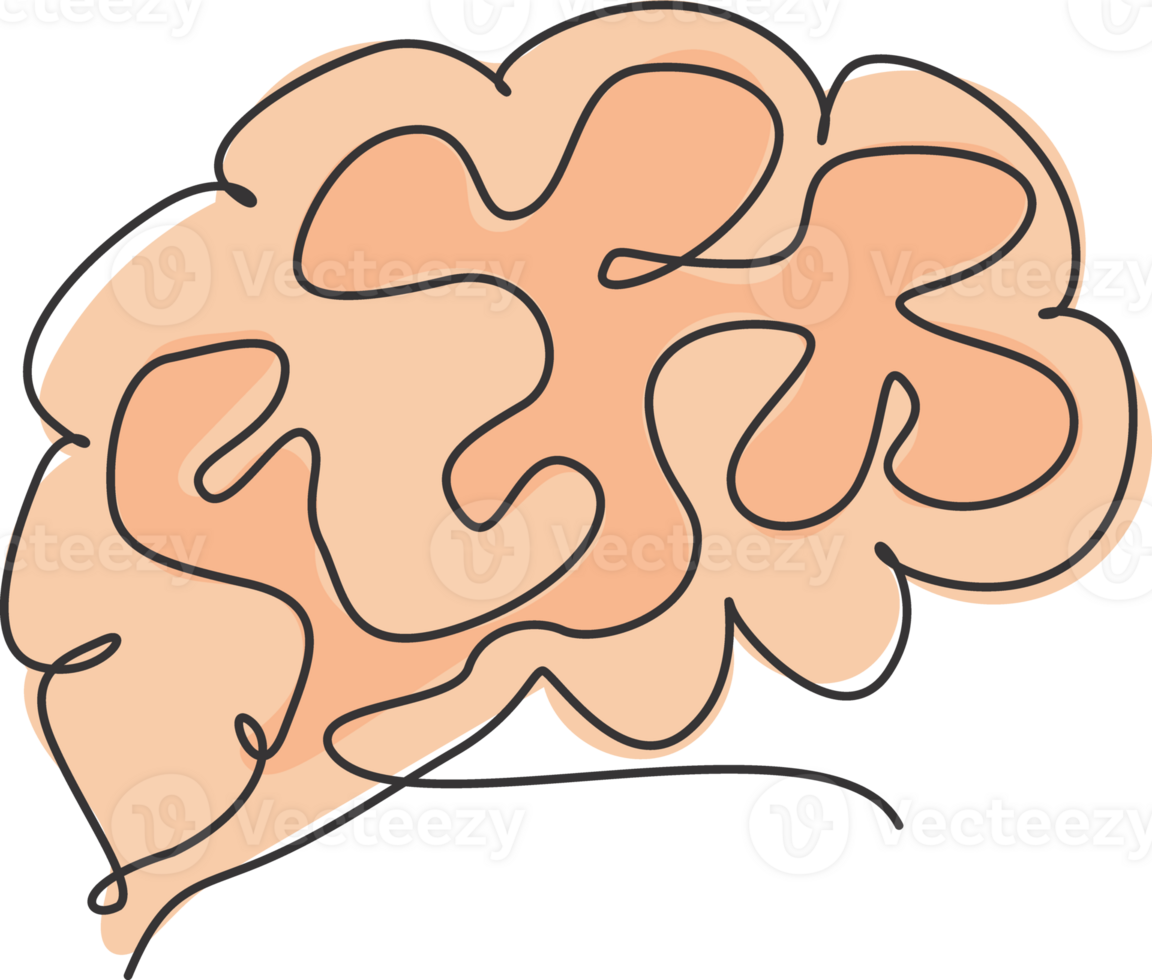 One single line drawing of brain from side view for memory supplement food company logo identity. Human organ icon concept for medical science. Trendy continuous line draw design illustration png