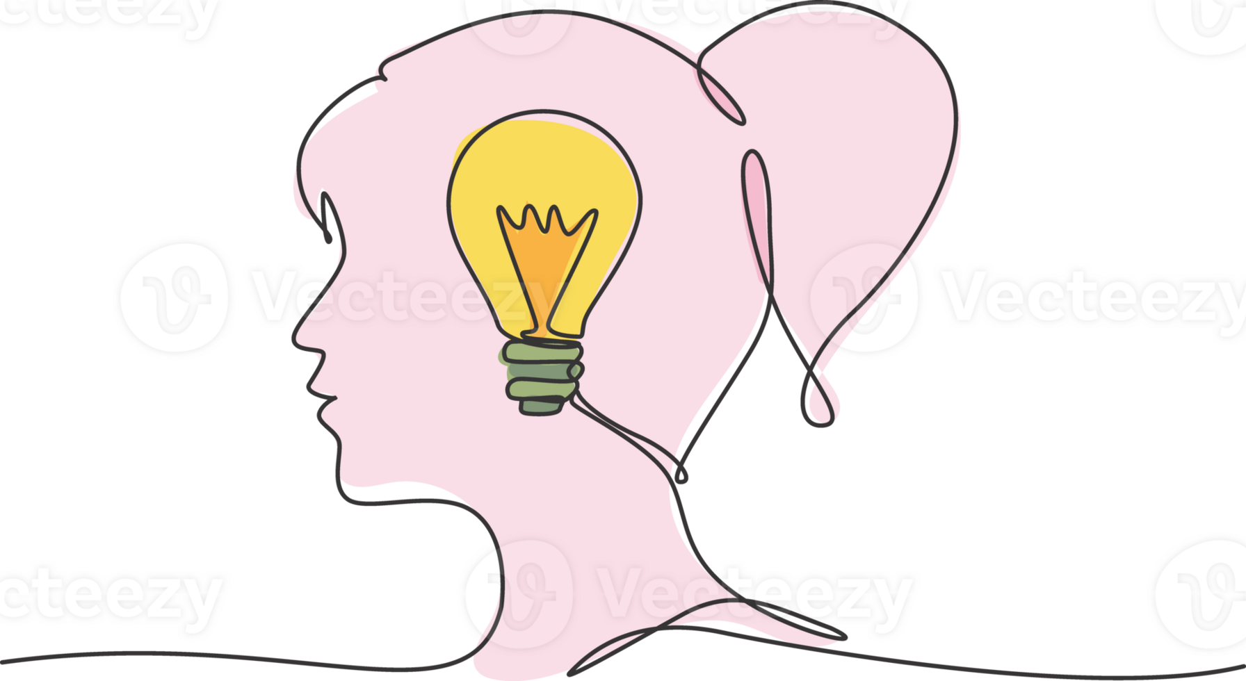 One single line drawing of human woman head with lightbulb inside for company logo identity. Innovation creativity process icon concept. Trendy continuous line draw design illustration png