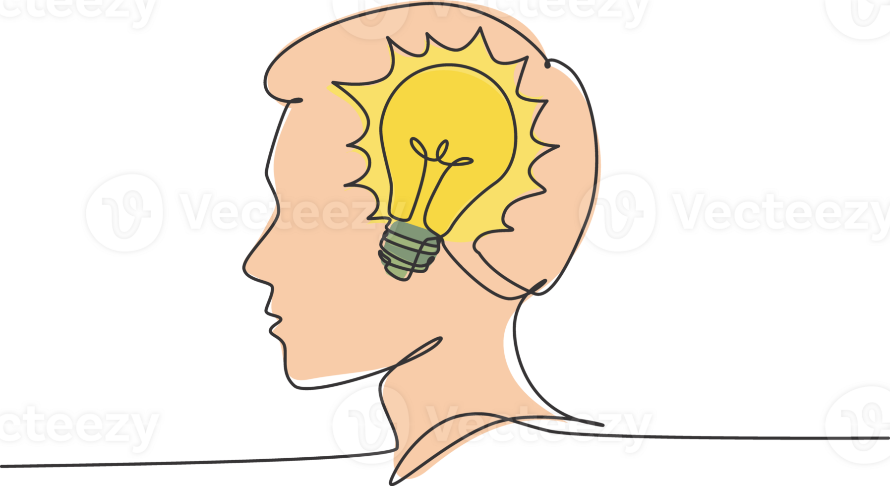 One continuous line drawing of human man with light bulb brain inside the head icon logo emblem. Innovation symbol logotype template concept. Modern single line draw design graphic illustration png