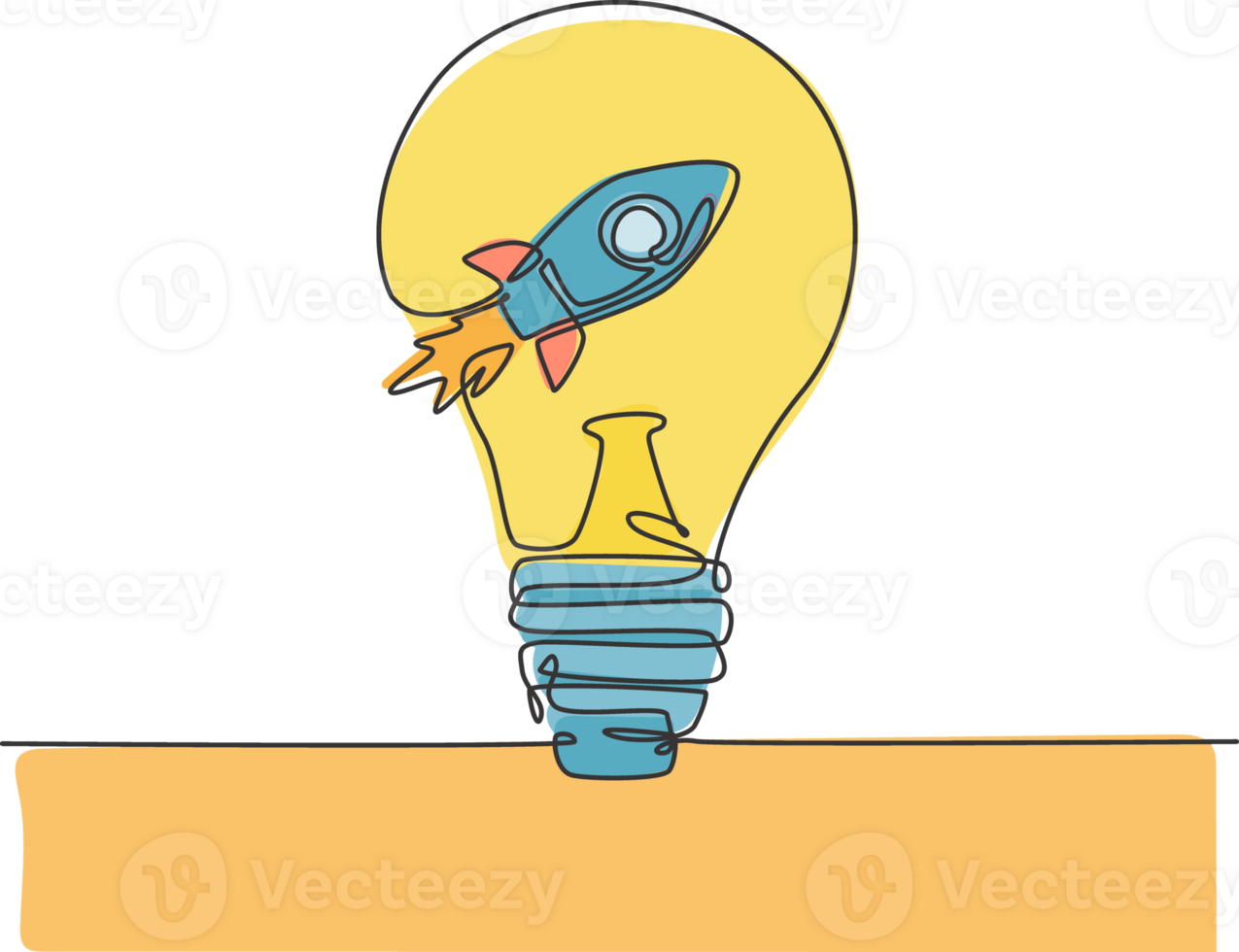One continuous line drawing of rocket launch inside clean lightbulb logo emblem. Company cosmos technology logotype icon template concept. Modern single line draw graphic design illustration png