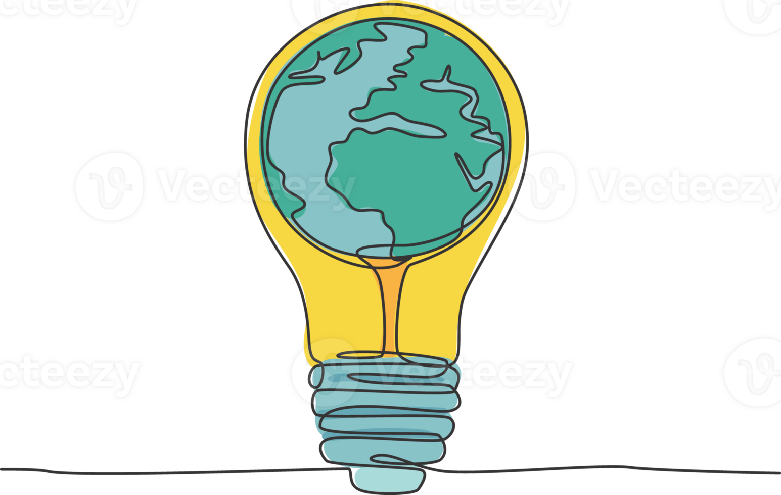 One single line drawing of sphere globe inside shining lightbulb for company logo identity. Thinking smart idea creative icon concept. Trendy continuous line draw design illustration png