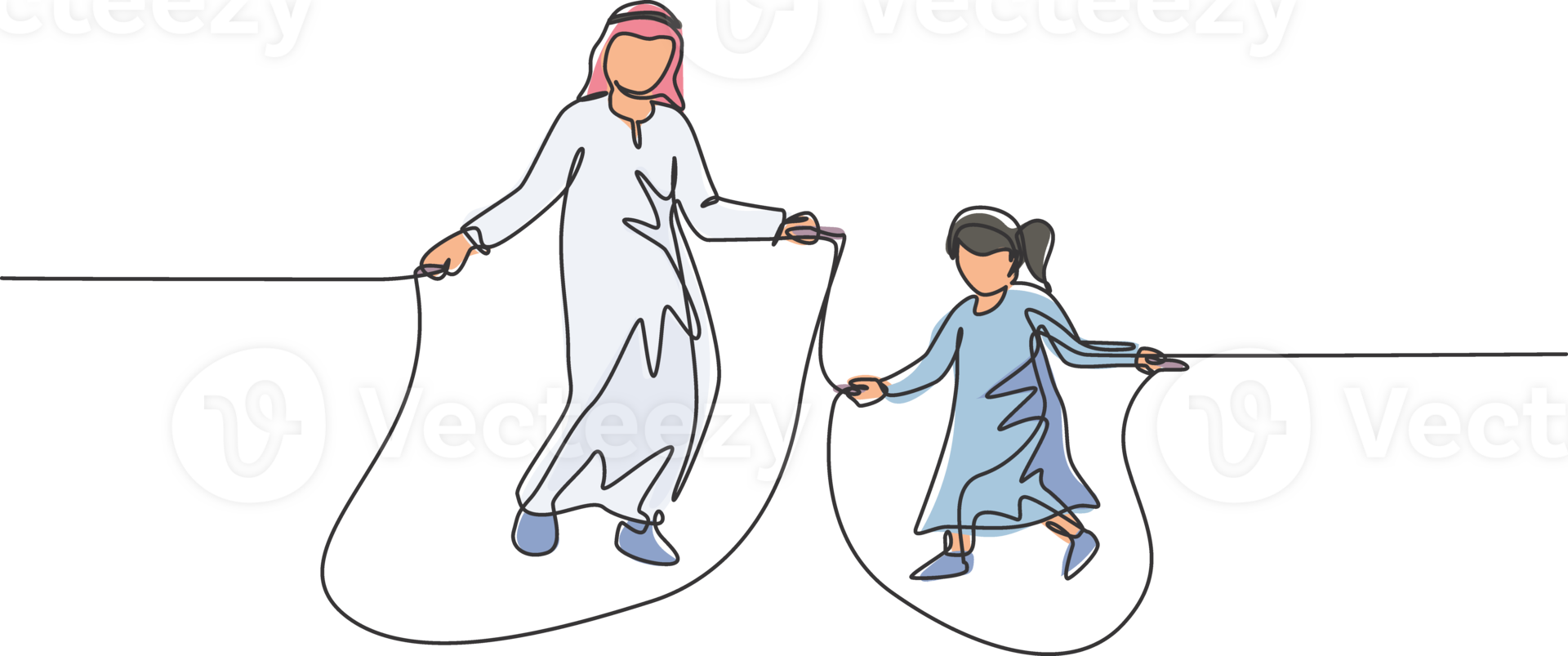 One continuous line drawing of young Islamic dad and daughter play jumping rope and skipping at park. Happy Arabian muslim parenting family concept. Dynamic single line draw design illustration png