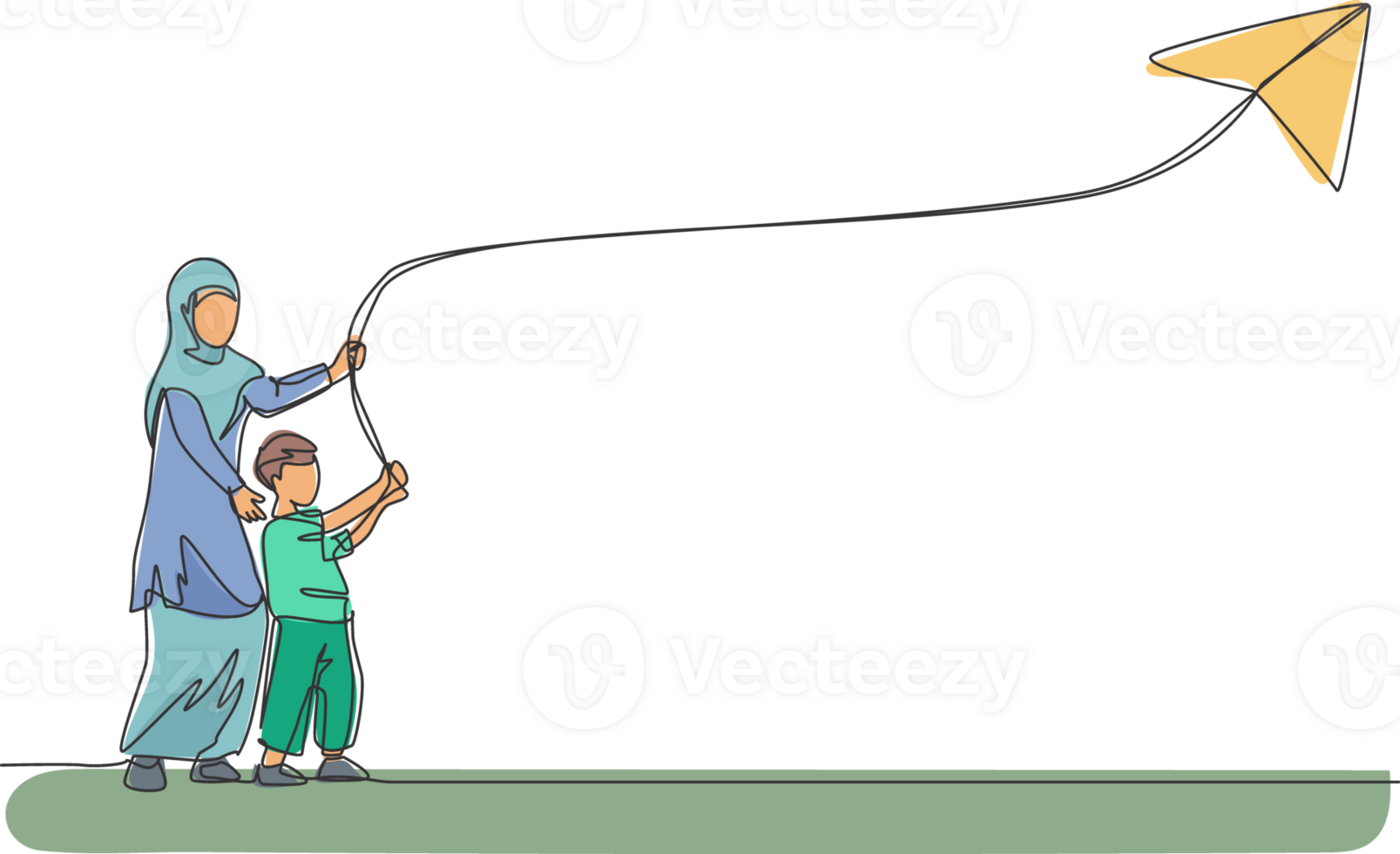 un Célibataire ligne dessin de Jeune arabe mère et sa fils en jouant cerf-volant à champ extérieur parc ensemble illustration. content islamique musulman famille parentalité concept. continu ligne dessiner conception png