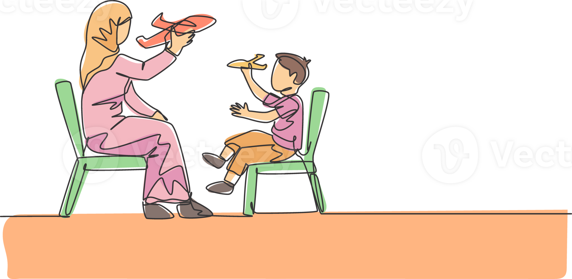 een single lijn tekening van jong Arabisch mam en zoon spelen vliegtuig speelgoed- samen Bij huis illustratie. gelukkig Islamitisch moslim familie ouderschap concept. modern doorlopend lijn trek ontwerp png