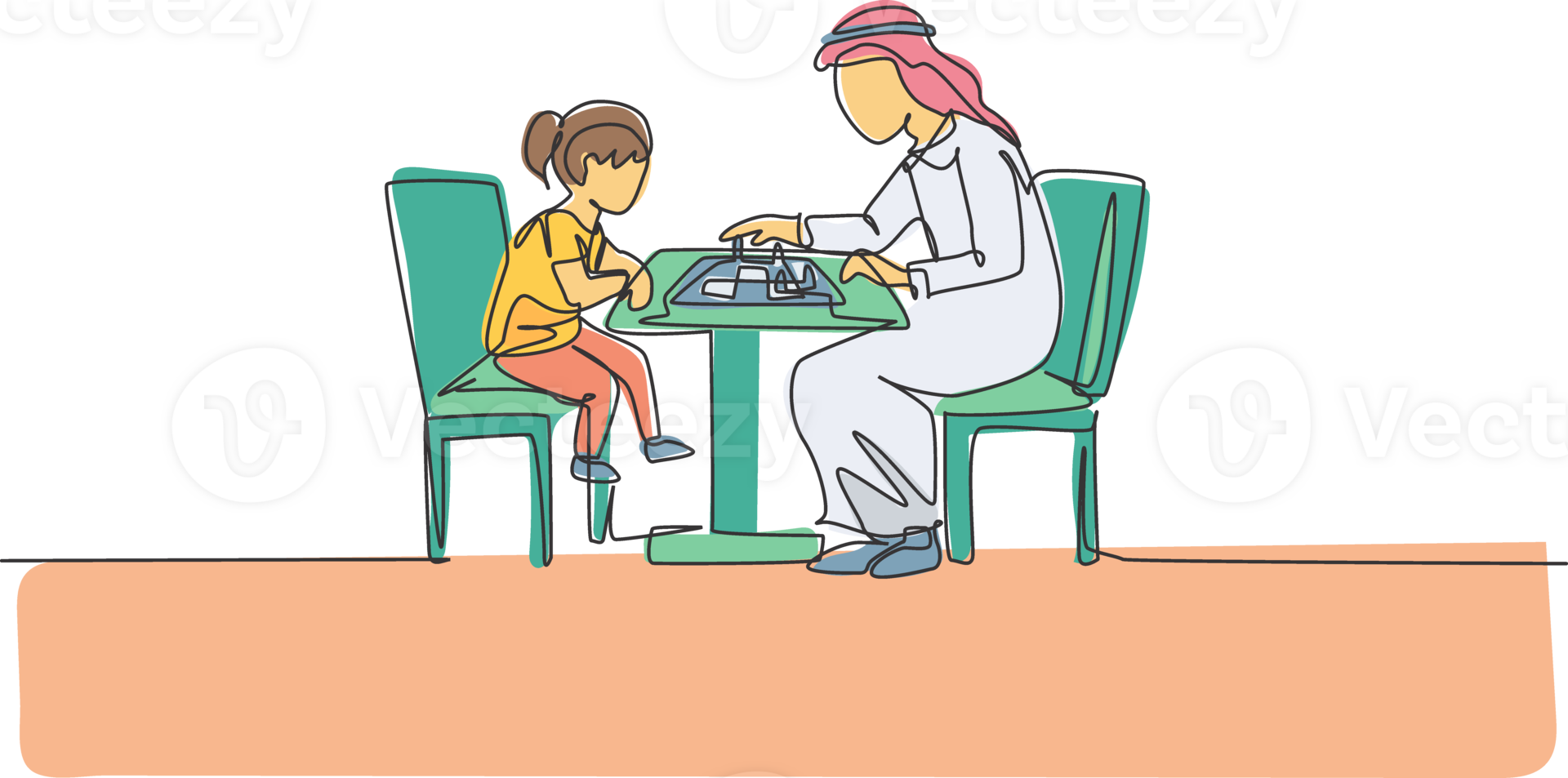 One continuous line drawing of young Arabian dad and daughter thinking strategy while playing chess. Happy Islamic muslim parenting family concept. Dynamic single line draw design illustration png
