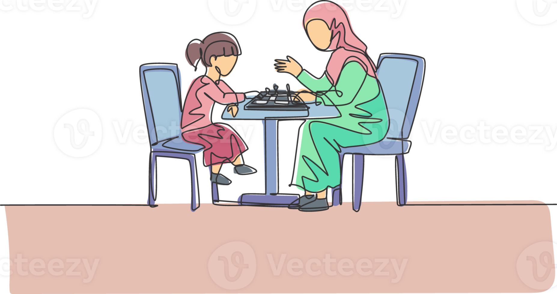 Single continuous line drawing of young Arabian mom teach her daughter strategy and each pawn moves while play chess. Islamic happy family motherhood concept. One line draw design illustration png