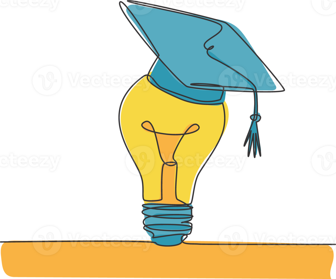 One single line drawing of bright lightbulb wearing graduation cap logo identity. Smart study academy logotype icon template concept. Dynamic continuous line draw design graphic illustration png