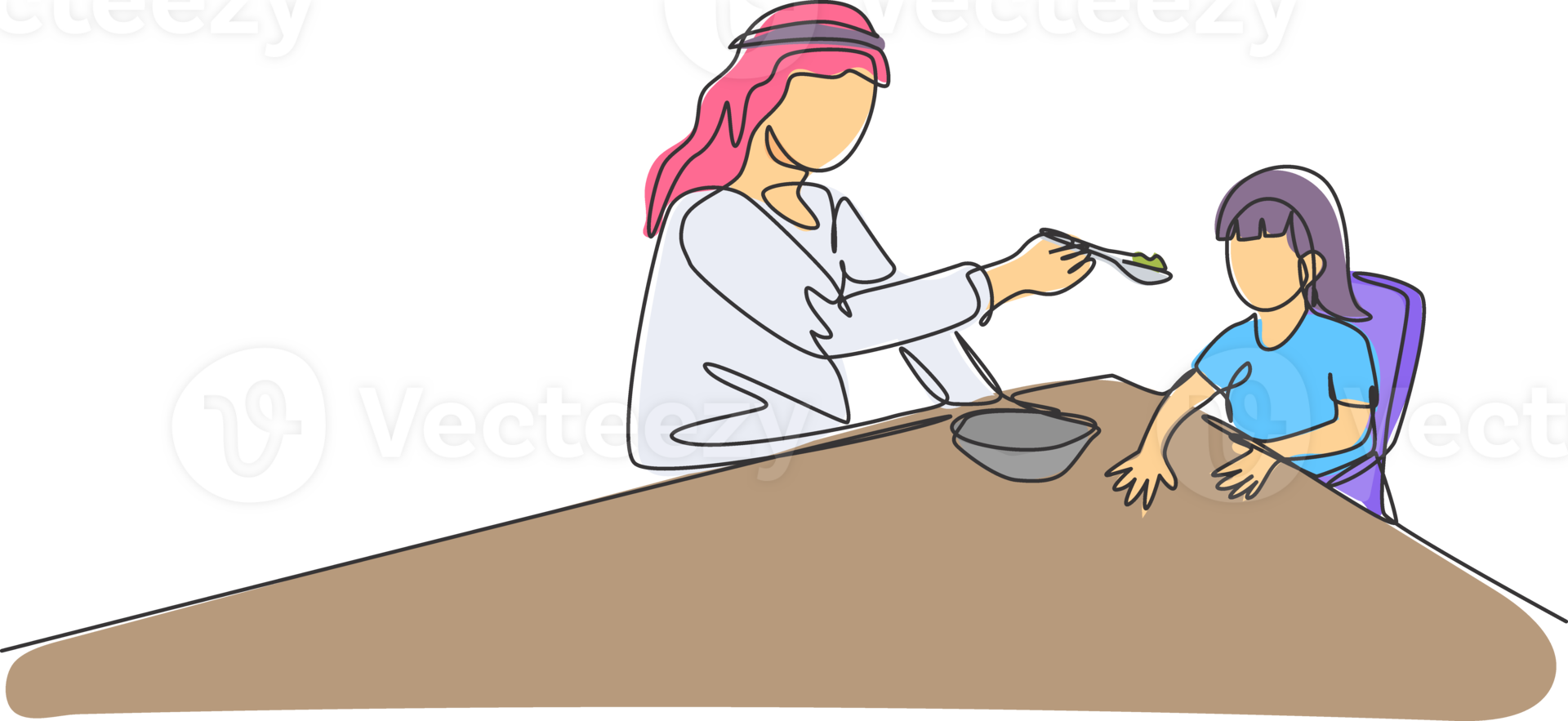 One single line drawing of young Islamic dad feeding nutritious food to daughter at lunch time illustration. Happy Arabian muslim family parenting concept. Modern continuous line draw design png