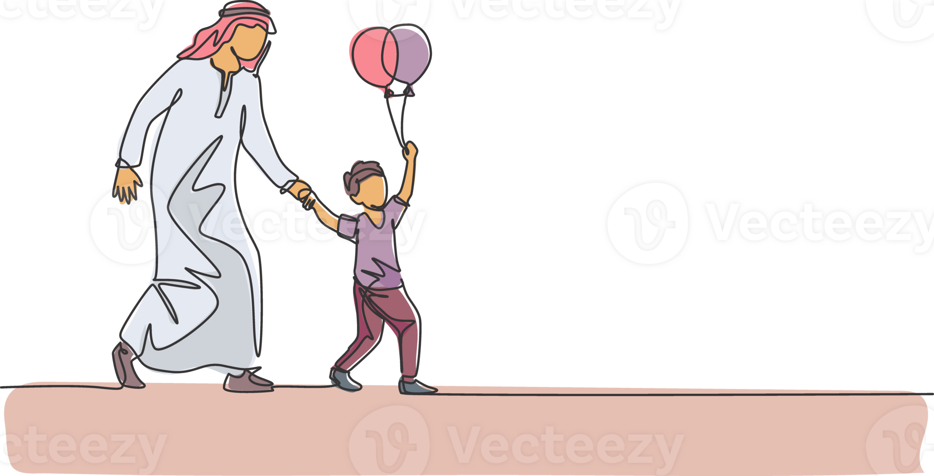One single line drawing of young Islamic father accompany his son who hold balloon to play at amusement park illustration. Arabian muslim family parenting concept. Continuous line draw design png