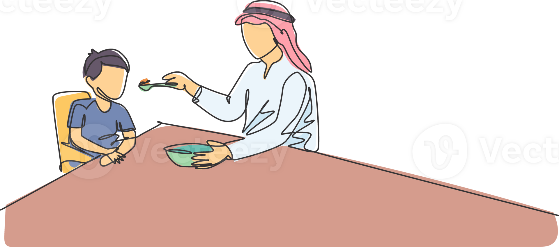Single continuous line drawing of young Islamic father feeding food to his son at dining table at home. Arabian muslim happy family fatherhood concept. Trendy one line draw design illustration png