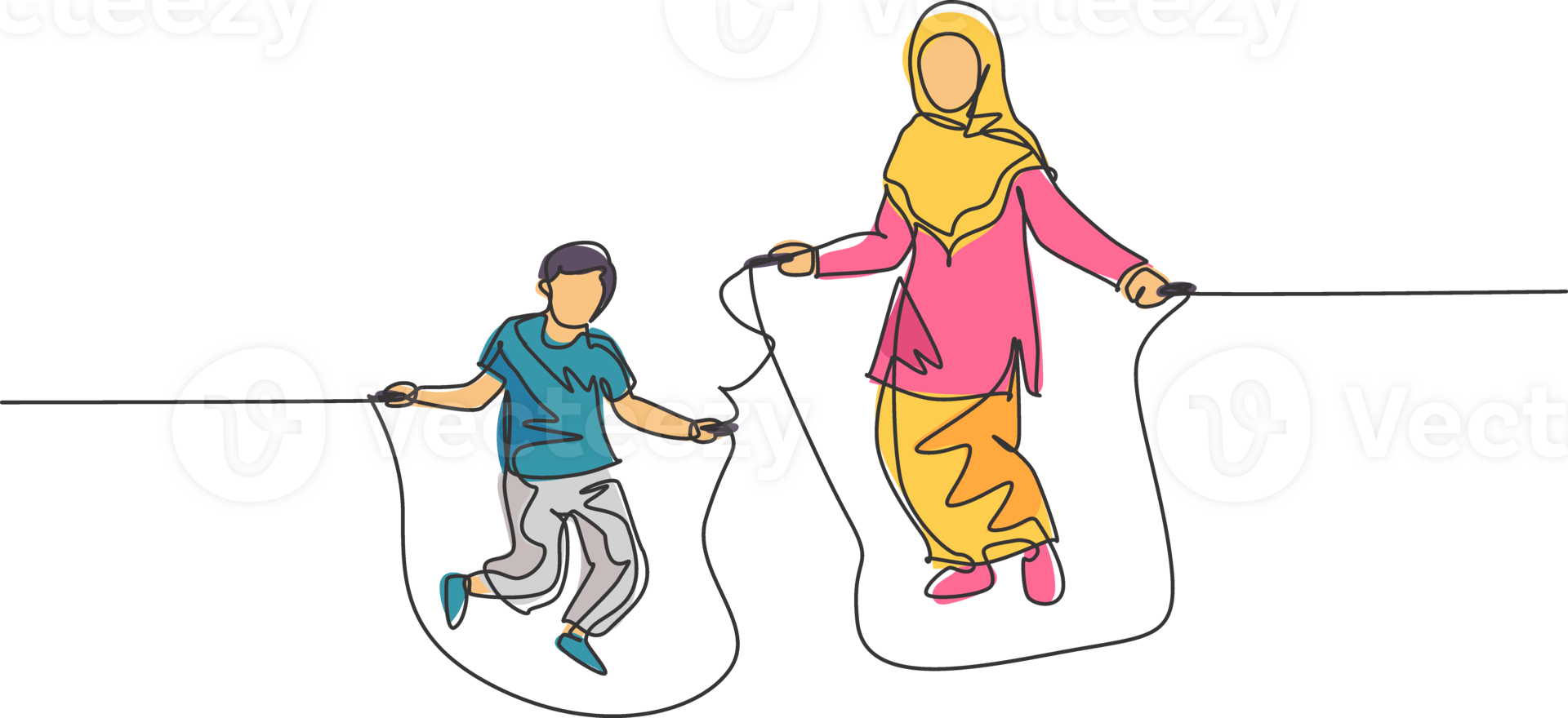 Single continuous line drawing of young Islamic mother and her son playing jumping rope and skipping. Arabian muslim happy family motherhood concept. Trendy one line draw design illustration png