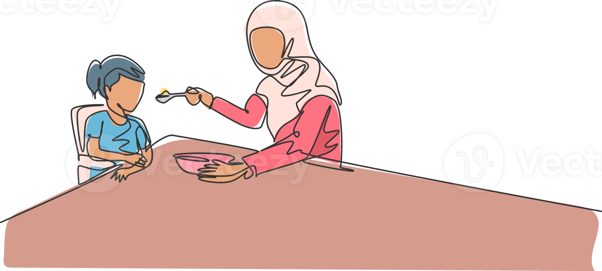 Single continuous line drawing of young Islamic mom feeding healthy food to daughter at breakfast time. Arabian muslim happy family motherhood concept. Trendy one line draw design illustration png