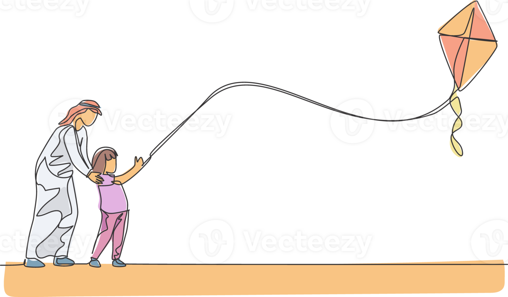 ett kontinuerlig linje teckning av ung arab dan nad dotter flygande drake tillsammans på utomhus- fält. Lycklig islamic muslim föräldraskap familj begrepp. dynamisk enda linje dra design illustration png