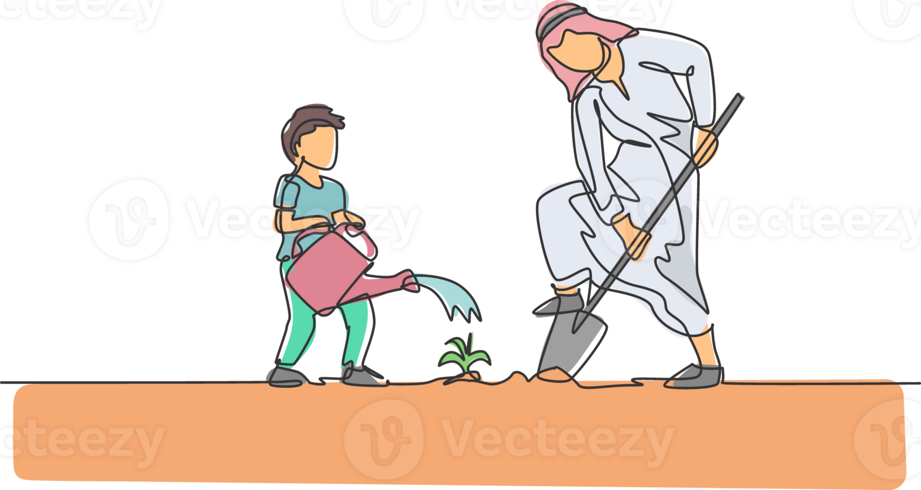 One continuous line drawing of young Islamic biy hep his father watering plant at house garden. Happy Arabian muslim parenting family concept. Dynamic single line draw design illustration png