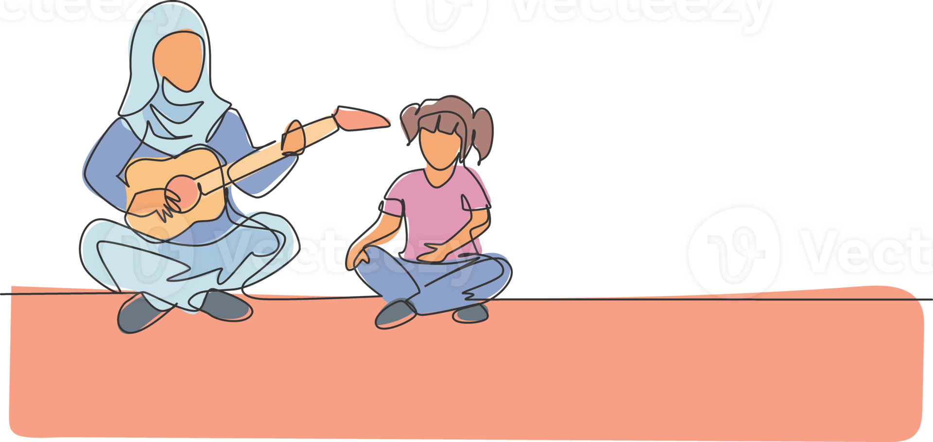 One continuous line drawing of young Arabian mom teach daughter playing guitar and singing at home. Happy Islamic muslim parenting family concept. Dynamic single line draw design illustration png