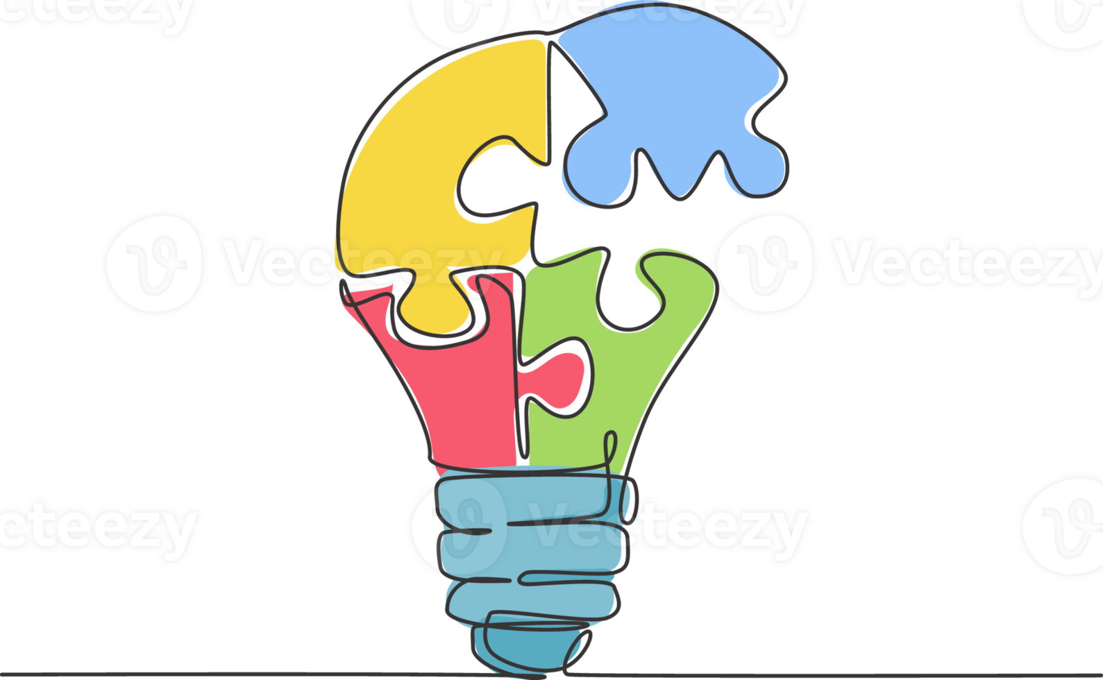 One single line drawing of light bulb with pieces of puzzles forming logo identity. Teamwork smart company logotype icon template concept. Continuous line draw design graphic illustration png