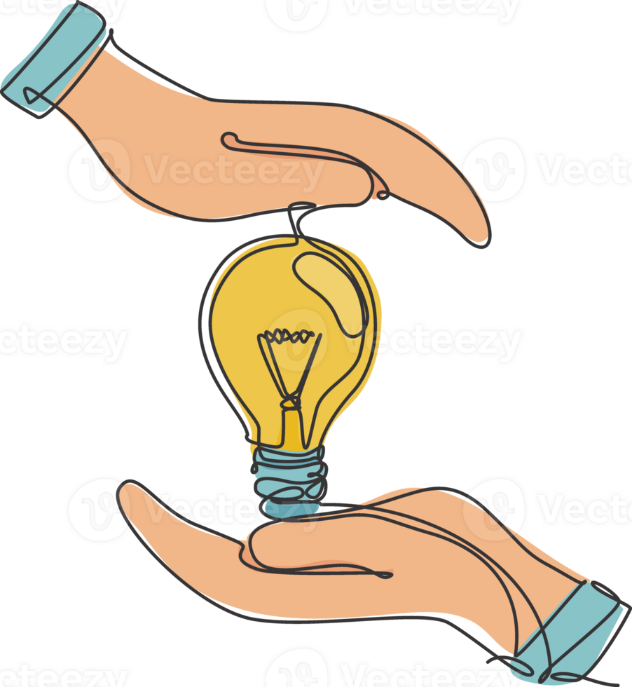 un dessin au trait continu des mains protège l'emblème du logo de l'icône de l'ampoule. concept de modèle de logotype de symbole d'entreprise de protection sûre. illustration graphique de conception de dessin à une seule ligne moderne png