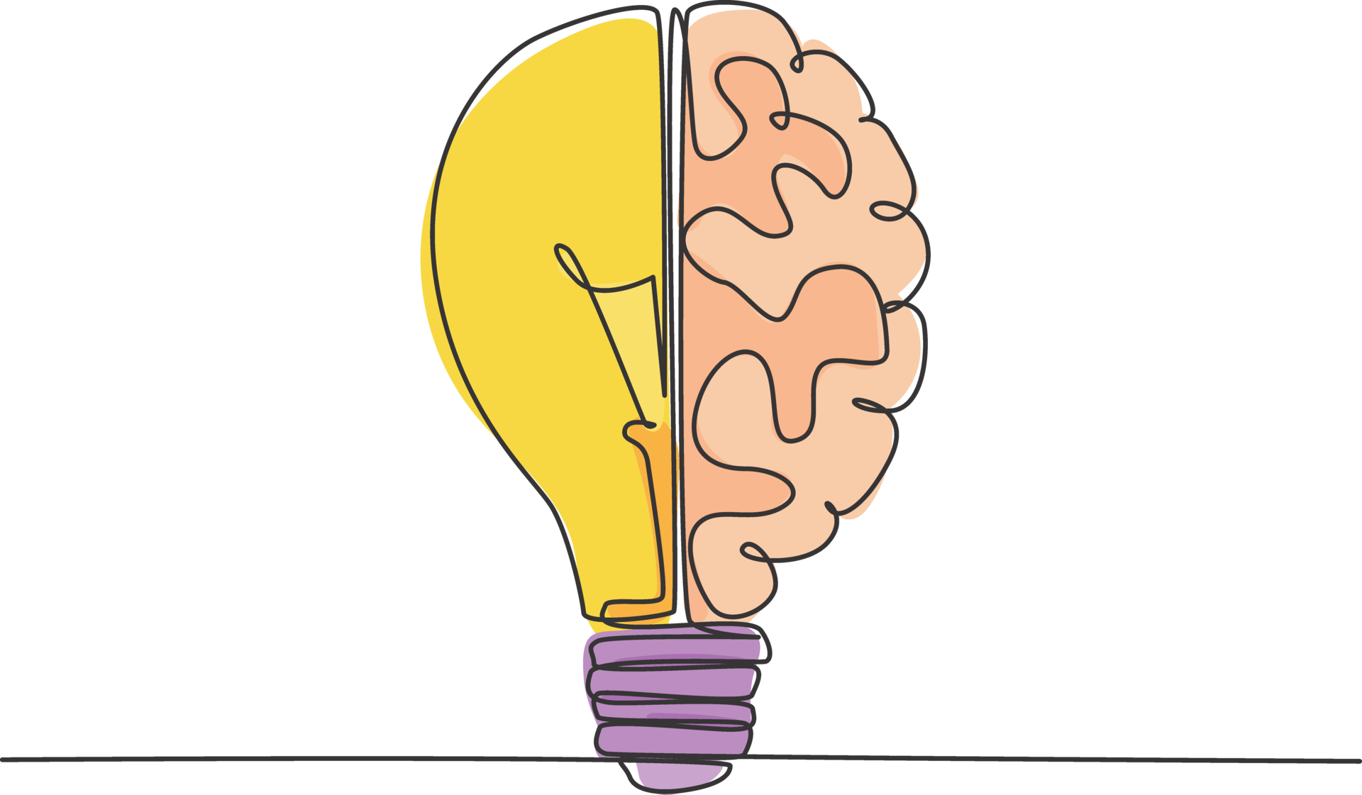 Single continuous line drawing of half light bulb and half human brain