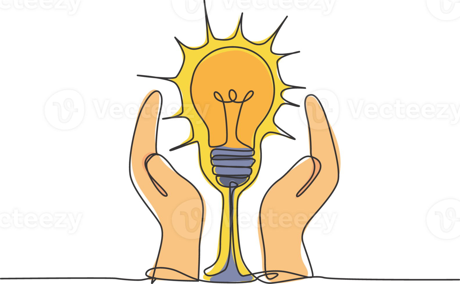 singolo continuo linea disegno di Aperto mani proteggere lampadina per logo etichetta. azienda sicuro protezione logotipo simbolo modello concetto. dinamico uno linea disegnare grafico illustrazione png