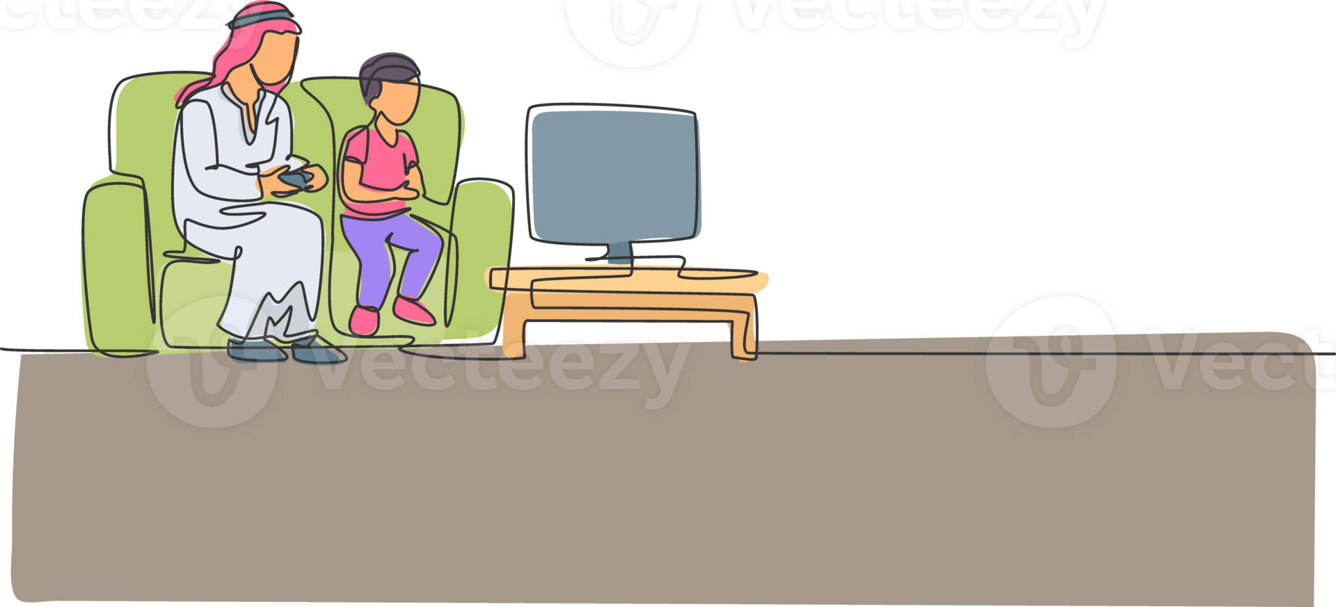 Single continuous line drawing of young Arabian father playing console game at home together with son. Islamic muslim happy family fatherood concept. Trendy one line draw design illustration png