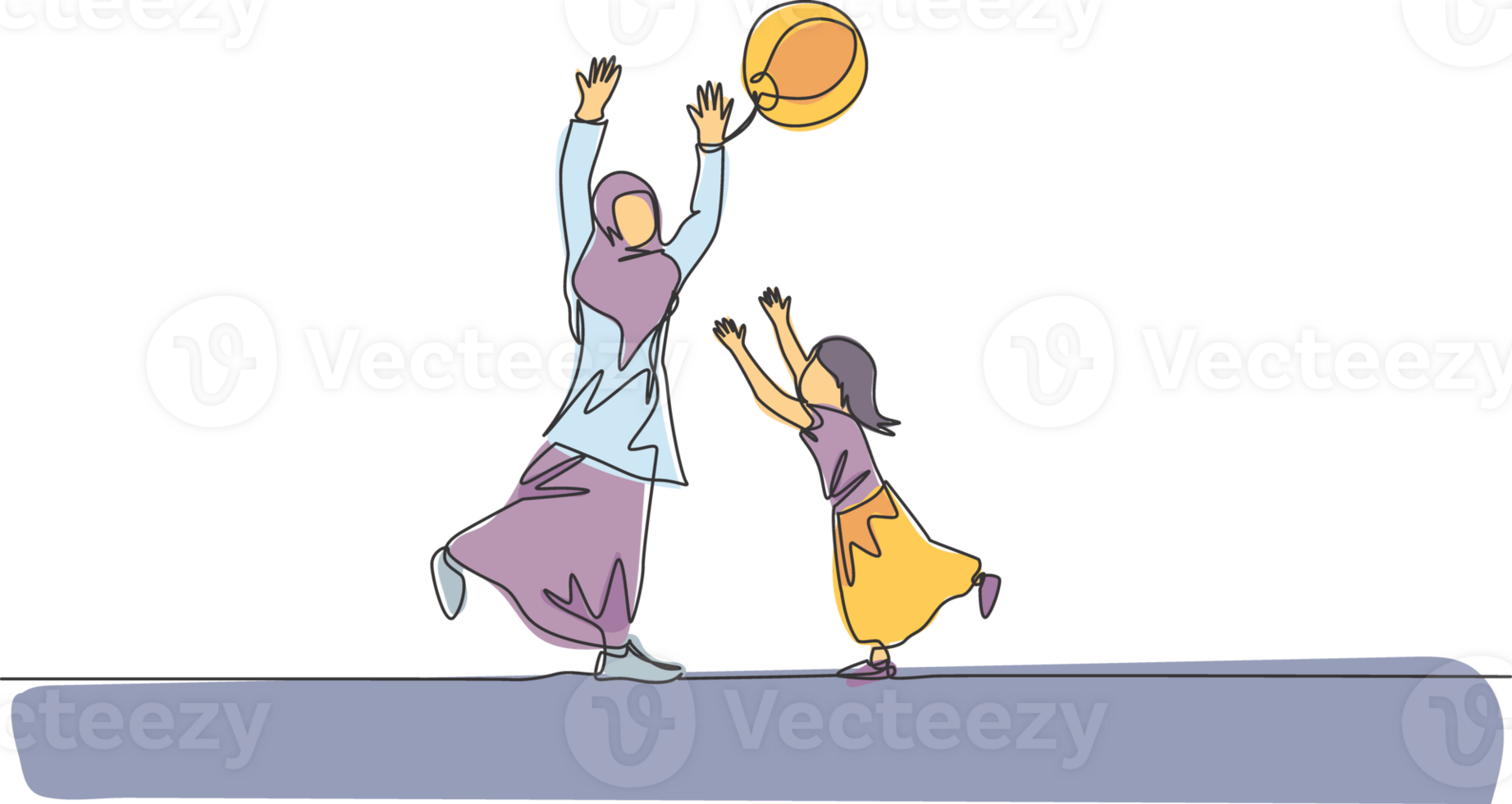 One single line drawing of young Arabian mother and daughter playing beach ball together at park illustration. Happy Islamic muslim family parenting concept. Modern continuous line draw design png