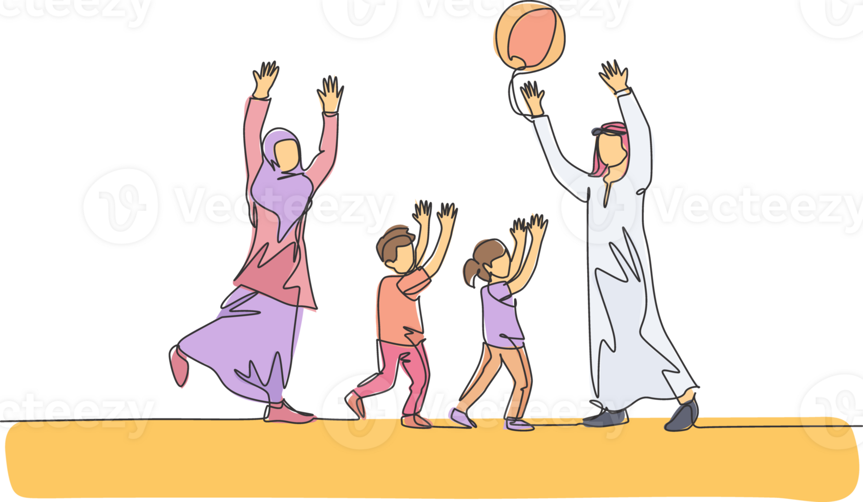 One continuous line drawing of young Arabian couple playing throwing ball together with daughter and son. Happy Islamic muslim parenting family concept. Single line draw design illustration png