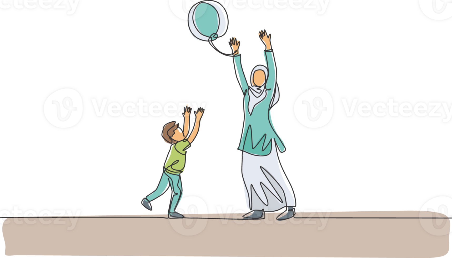 One single line drawing of young Arabian mother playing with her son ball throwing together illustration. Happy Islamic muslim family parenting concept. Modern continuous line draw design png