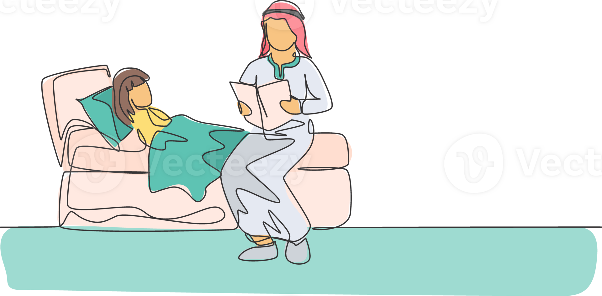 One continuous line drawing of young Arabian dad read story book to his daughter at bedroom. Happy Islamic muslim loving parenting family concept. Dynamic single line draw design illustration png