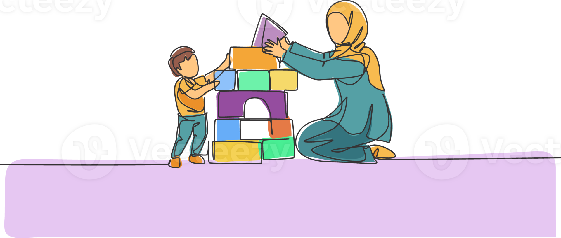 One continuous line drawing of young Arabian mother playing block foam puzzle brick with son. Happy Islamic muslim loving parenting family concept. Dynamic single line draw design illustration png