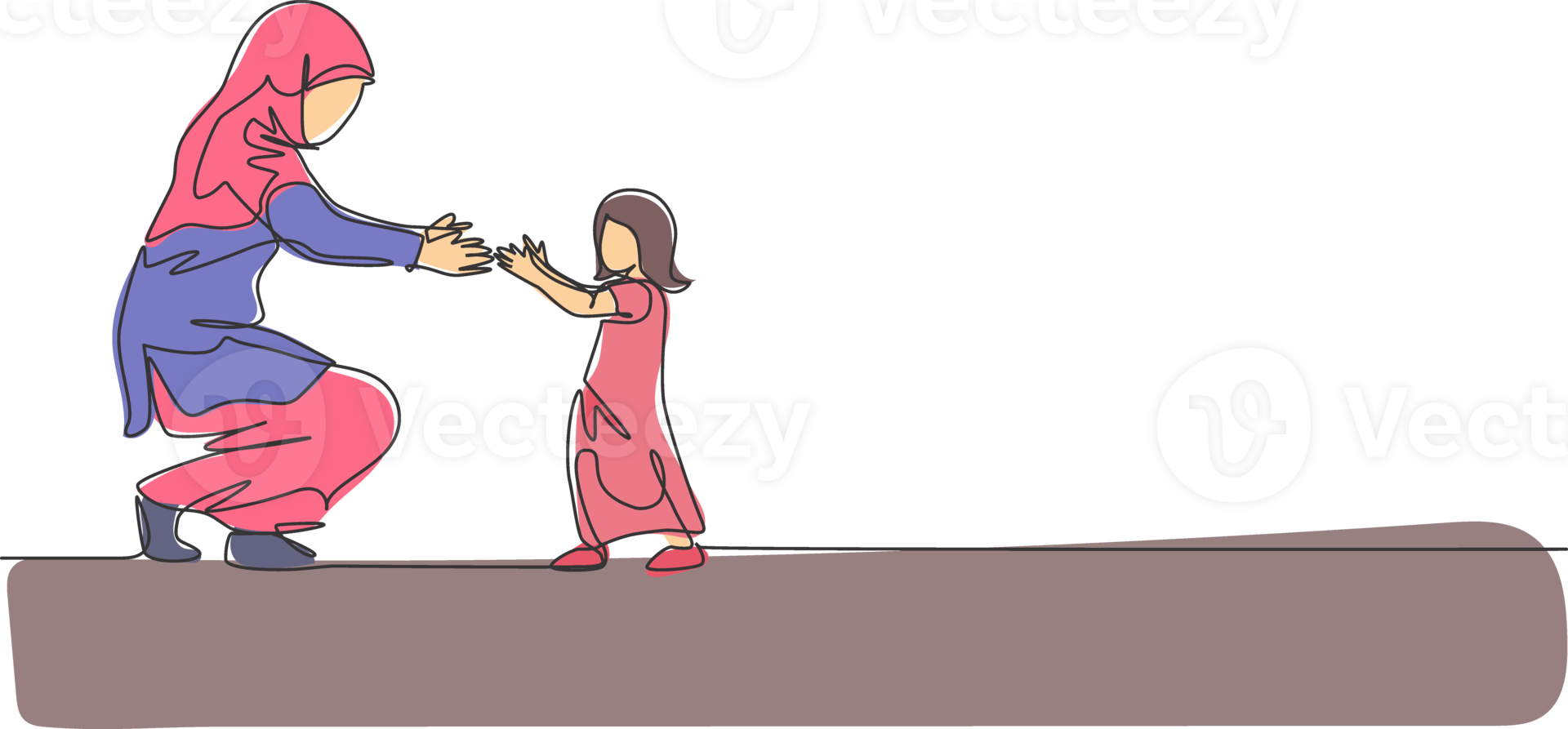 One continuous line drawing of young Islamic toddler daughter learn to walk while mom ready to catch. Happy Arabian muslim parenting family concept. Dynamic single line draw design illustration png