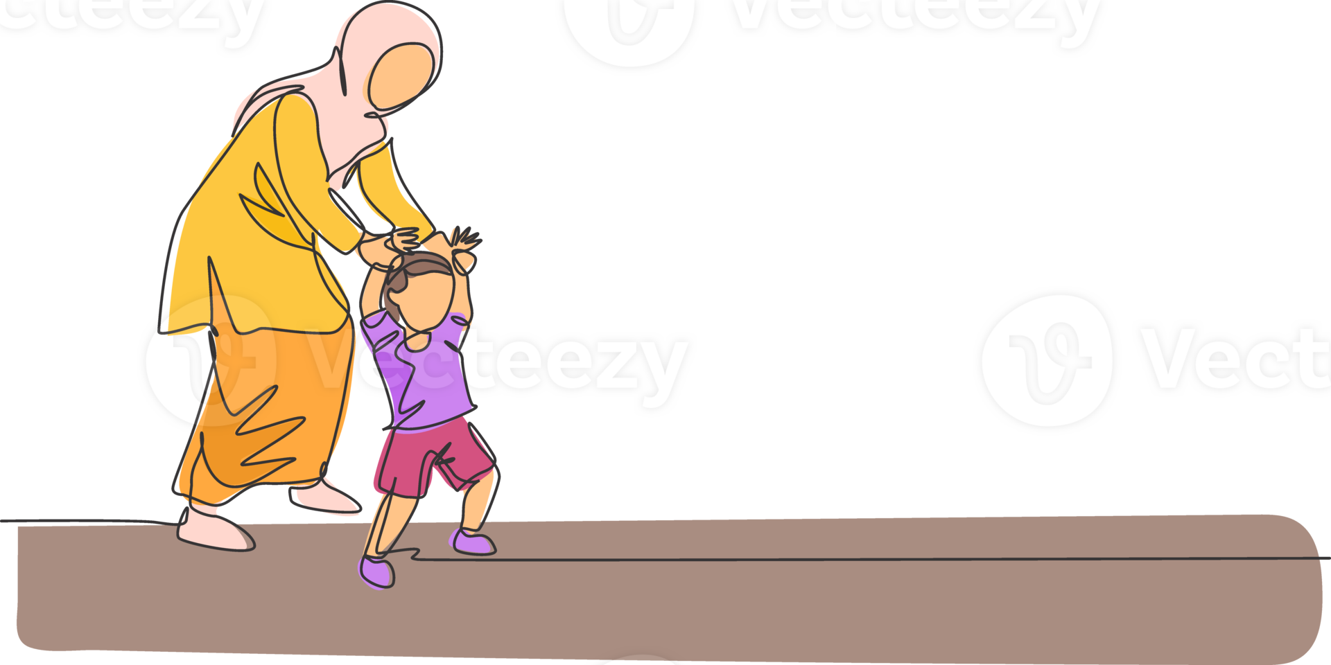 One single line drawing of young Arabian mother holding her son's hand, teaching how to walk illustration. Happy Islamic muslim family parenting concept. Modern continuous line draw design png