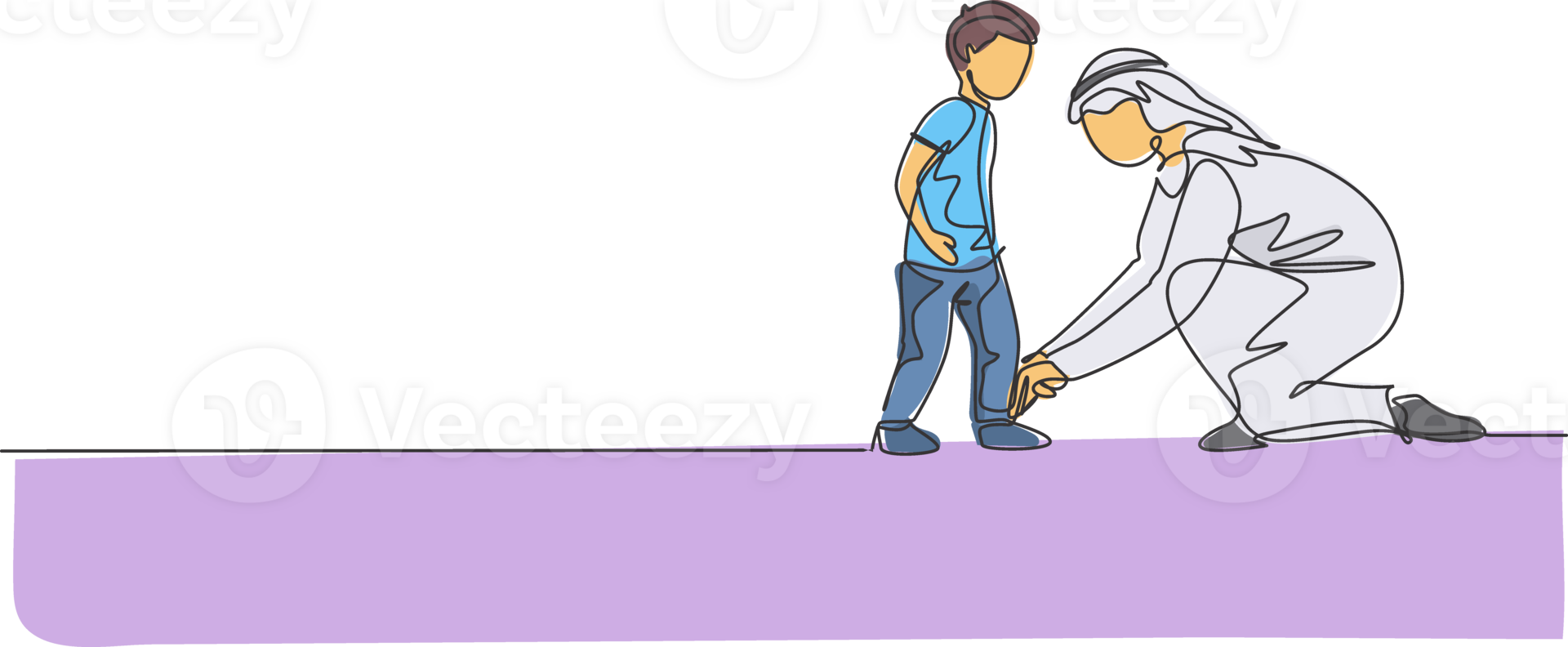One continuous line drawing of young Arabian dad help his son to tie shoelaces before go to school. Happy Islamic muslim loving parenting family concept. Single line draw design illustration png