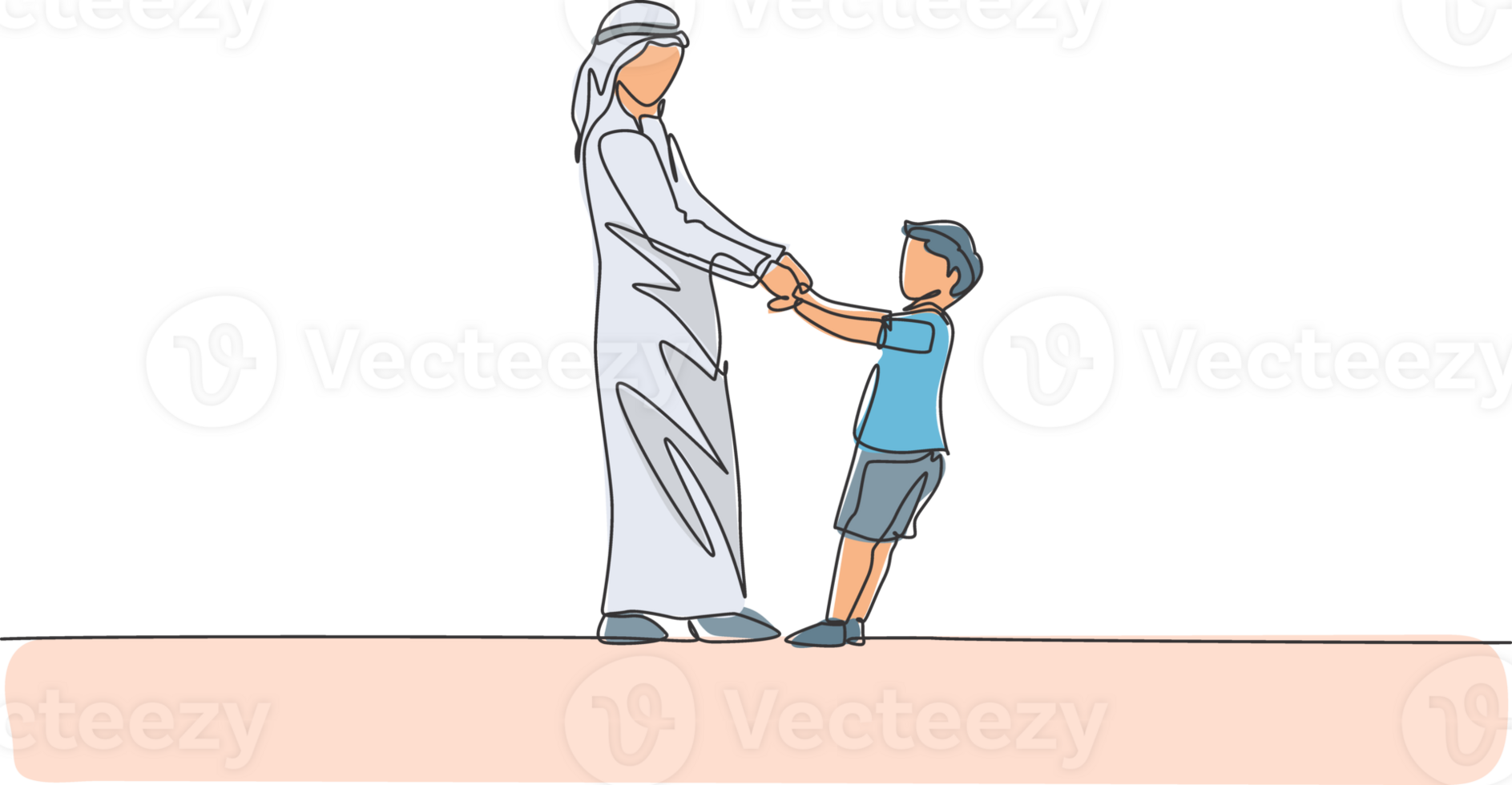 Continuous one line drawing of young Arabian dad and son fun playing together at home. Happy Islamic muslim parenting family concept. Dynamic single line graphic draw design illustration png
