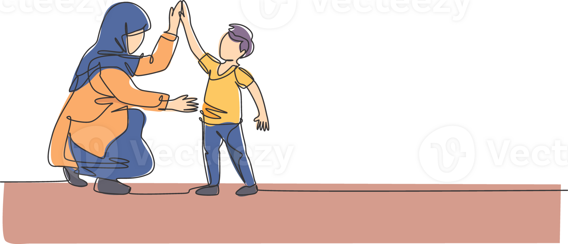 One single line drawing of young Arabian mom giving high five gesture to her son boy before go to school illustration. Happy Islamic muslim family parenting concept. Continuous line draw design png