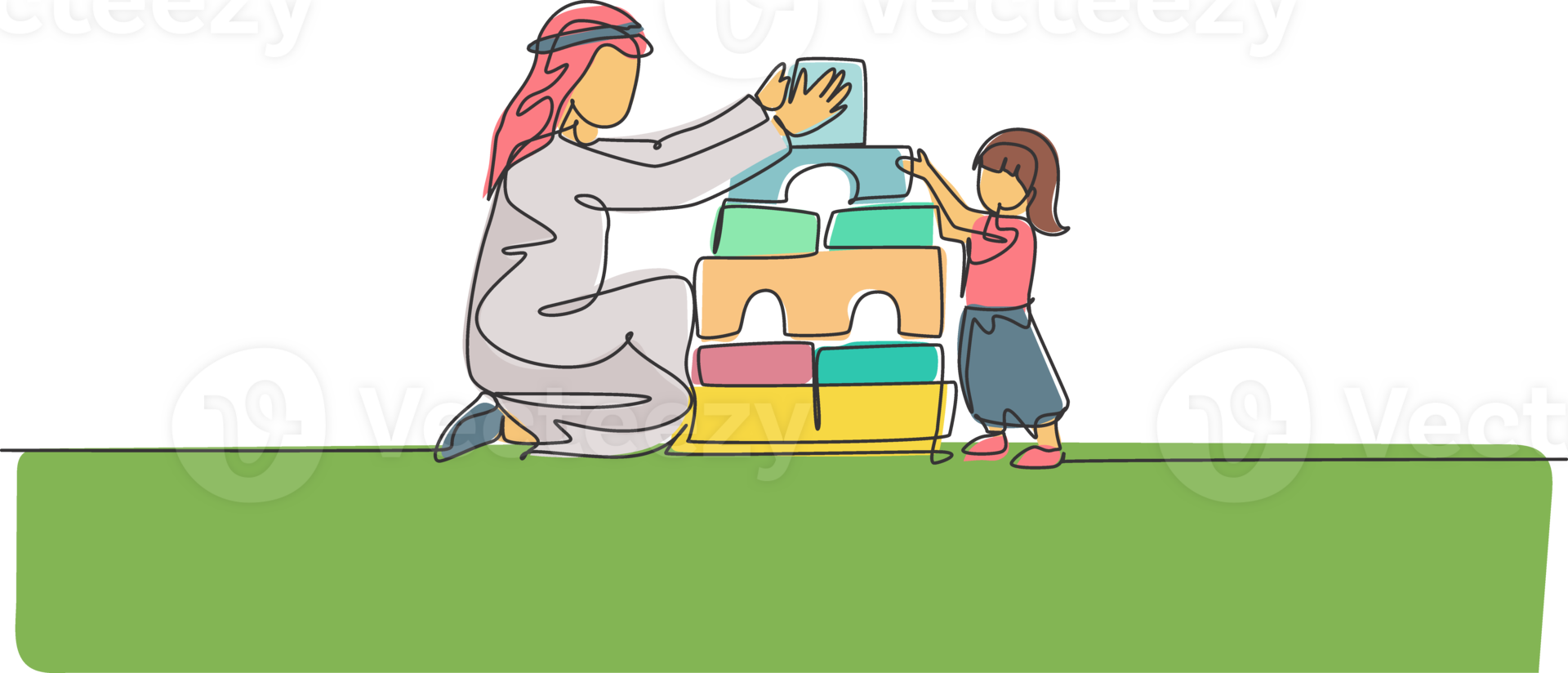 One single line drawing of young Islamic dad playing block foam puzzle house with his daughter at home illustration. Happy Arabian family parenting concept. Modern continuous line draw design png