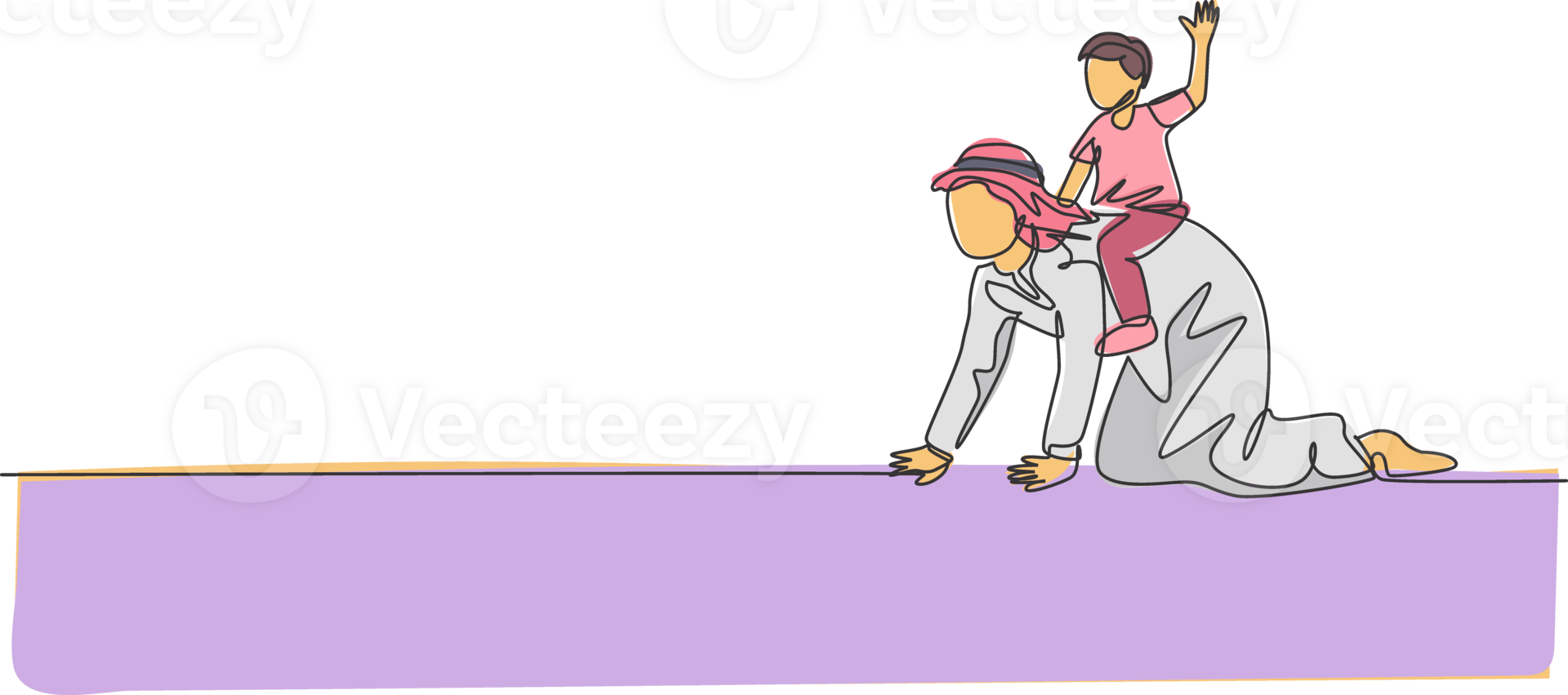 One single line drawing of young Islamic boy son playing and riding on his dad's back at home illustration. Happy Arabian muslim family parenting concept. Modern continuous line draw design png