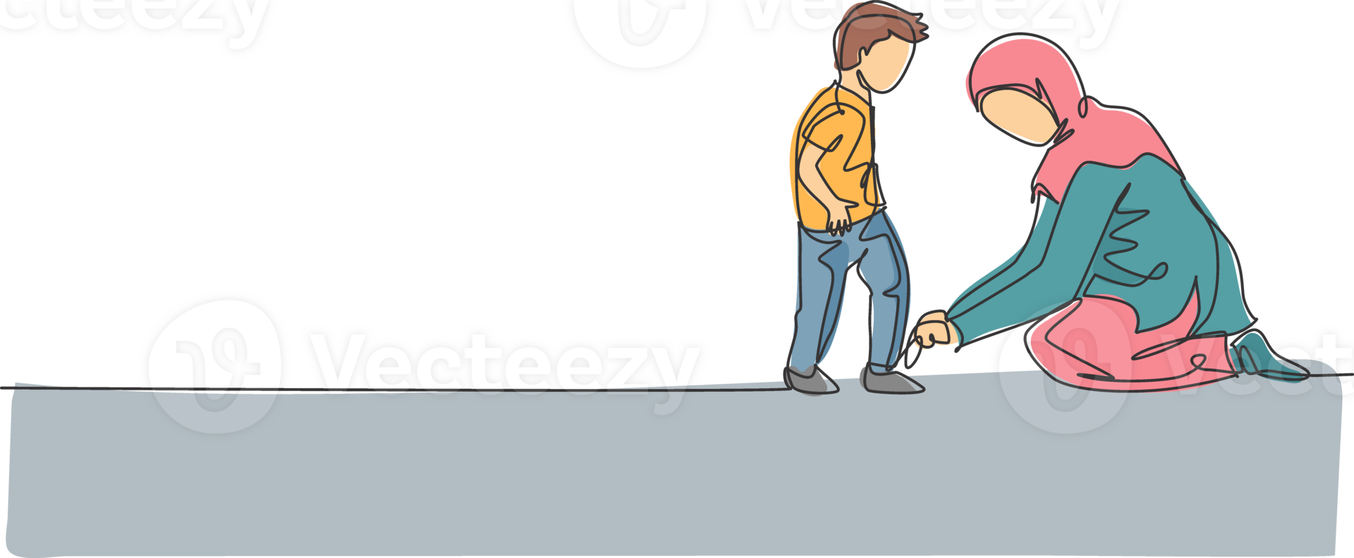 One single line drawing of young Islamic mom help her son to tie shoelace before go to the school illustration. Happy Arabian muslim family parenting concept. Modern continuous line draw design png