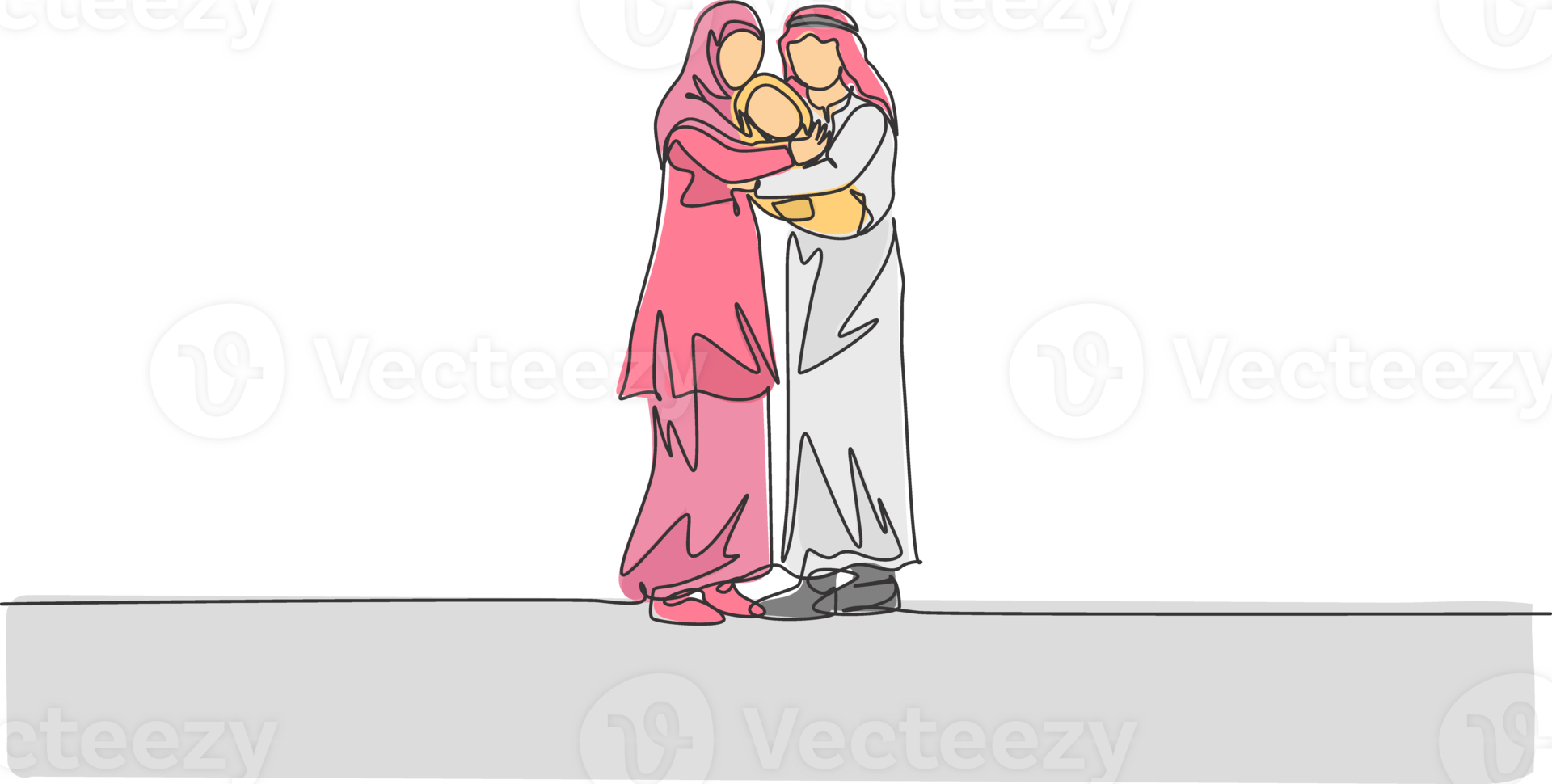 One single line drawing of young Arabian father and mother hugging their baby full of love illustration. Islamic Muslim happy family parenting concept. Modern continuous line draw design png