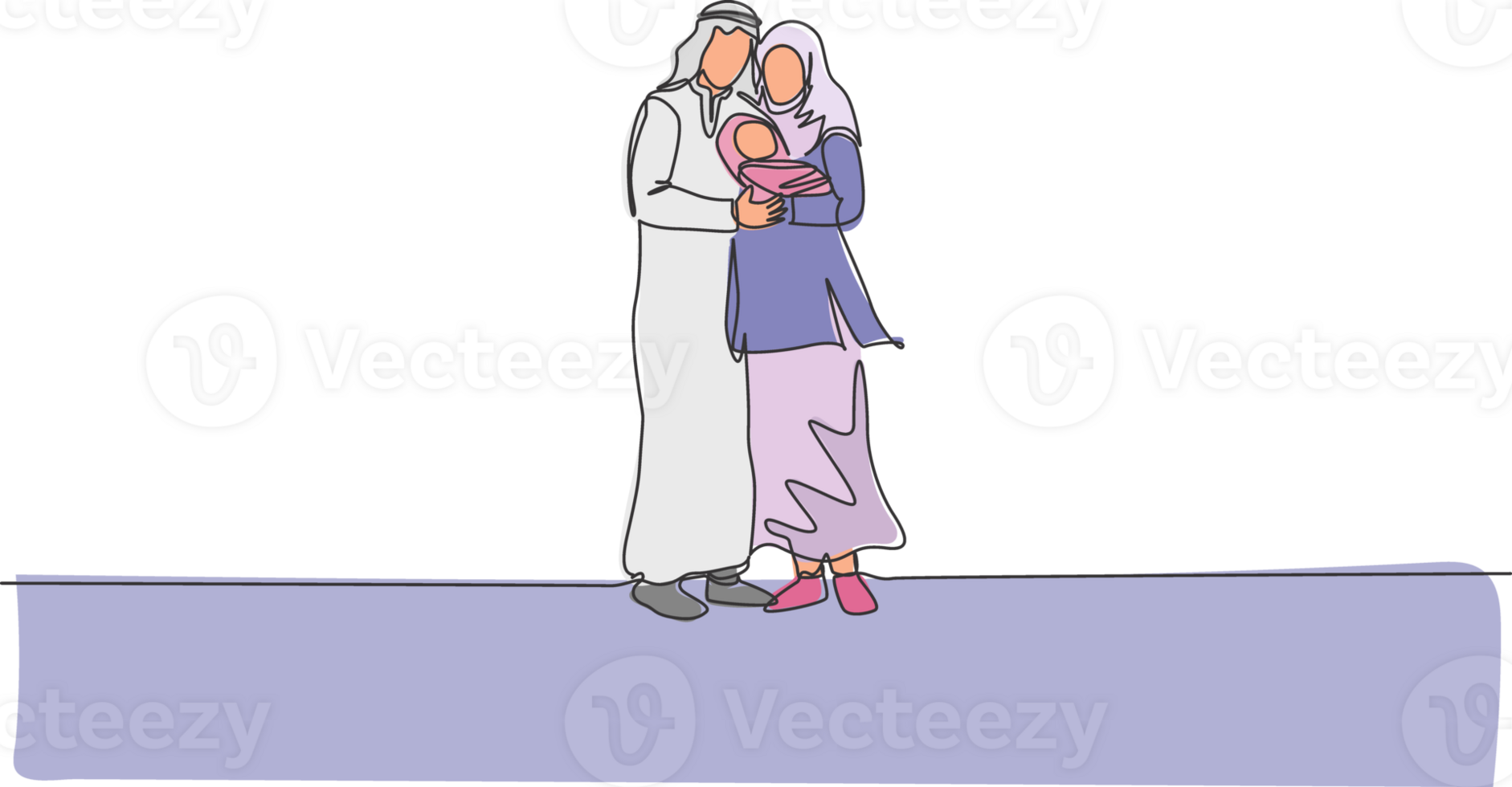 One continuous line drawing of young Islamic dad and mom standing and hugging their sleepy baby. Arabian Muslim happy family parenting concept. Dynamic single line draw design illustration png