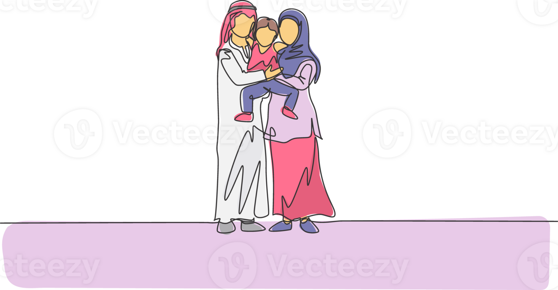 Single continuous line drawing of young happy Islamic mother and father hugging and lifting their boy son together. Muslim happy family parenting concept. One line draw design illustration png