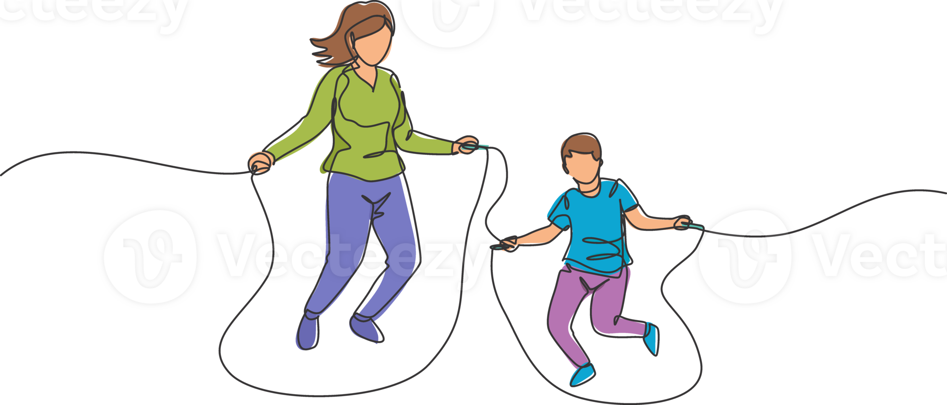 One continuous line drawing of young mother and his son train jumping with skipping rope at park near home. Happy family parenting concept. Dynamic single line draw graphic design illustration png