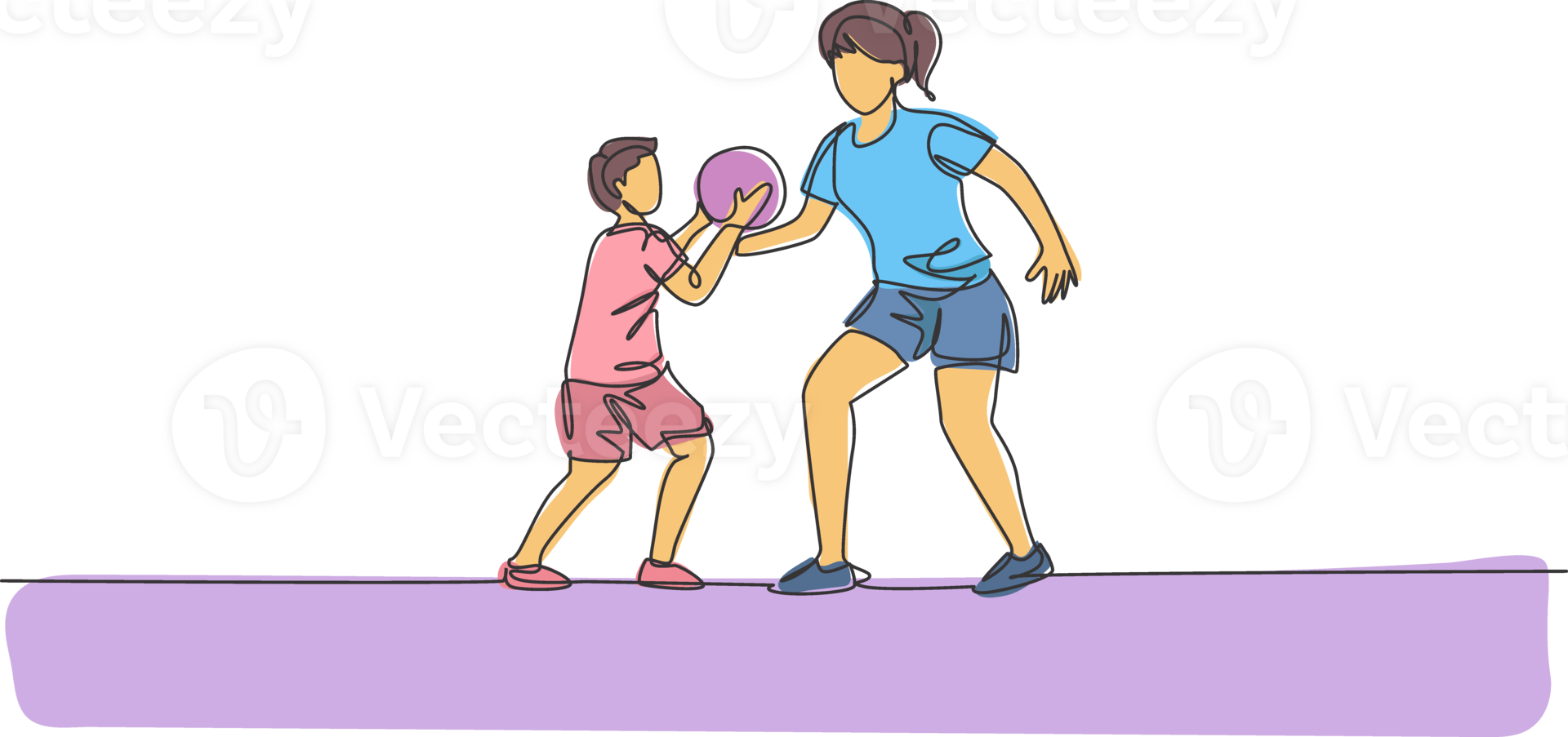 Single continuous line drawing of young mom playing basketball fun with her son at home field. Happy family parenthood concept. Trendy one line draw graphic design illustration png