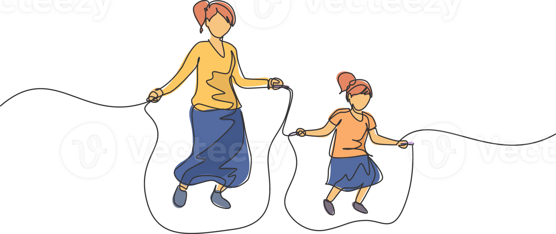 One continuous line drawing of young mom and her daughter exercise jumping with skipping rope at park near home. Happy family parenting concept. Dynamic single line draw design illustration png