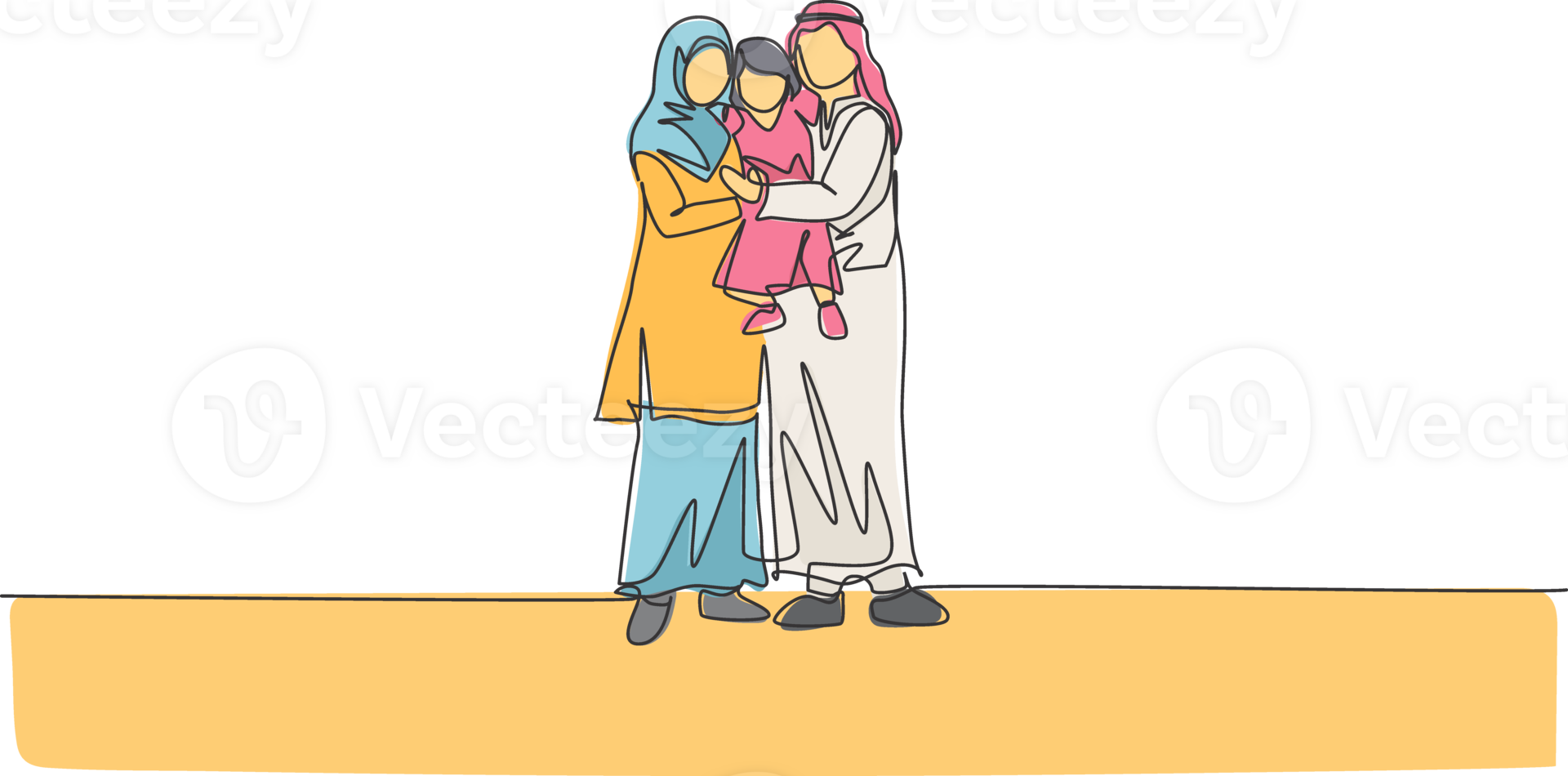 One single line drawing of young happy Arabian mom and dad lifting and hugging their daughter girl together illustration. Muslim happy family parenting concept. Continuous line draw design png