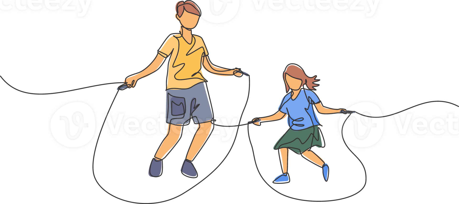 One continuous line drawing of young dad and his daughter practice jumping with skipping rope at park near home. Happy family parenting concept. Dynamic single line draw design illustration png