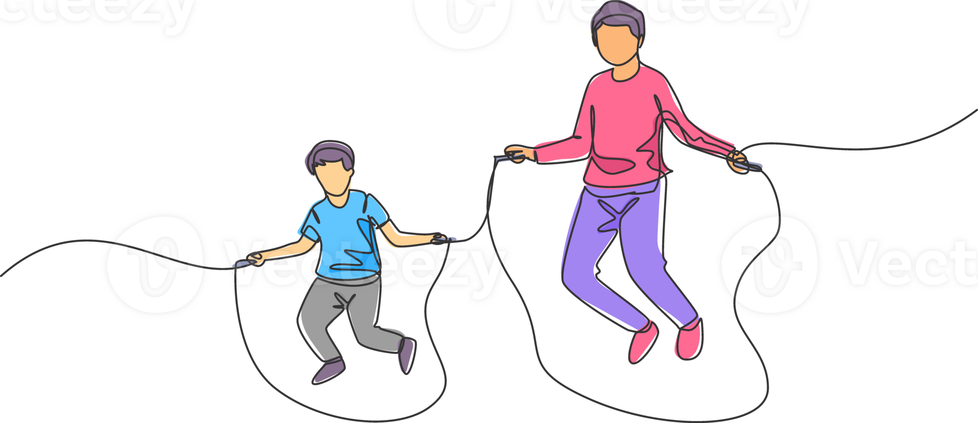 Single continuous line drawing young father and his son exercise jumping with skipping rope at park near home. Happy family parenthood concept. Trendy one line draw design graphic illustration png
