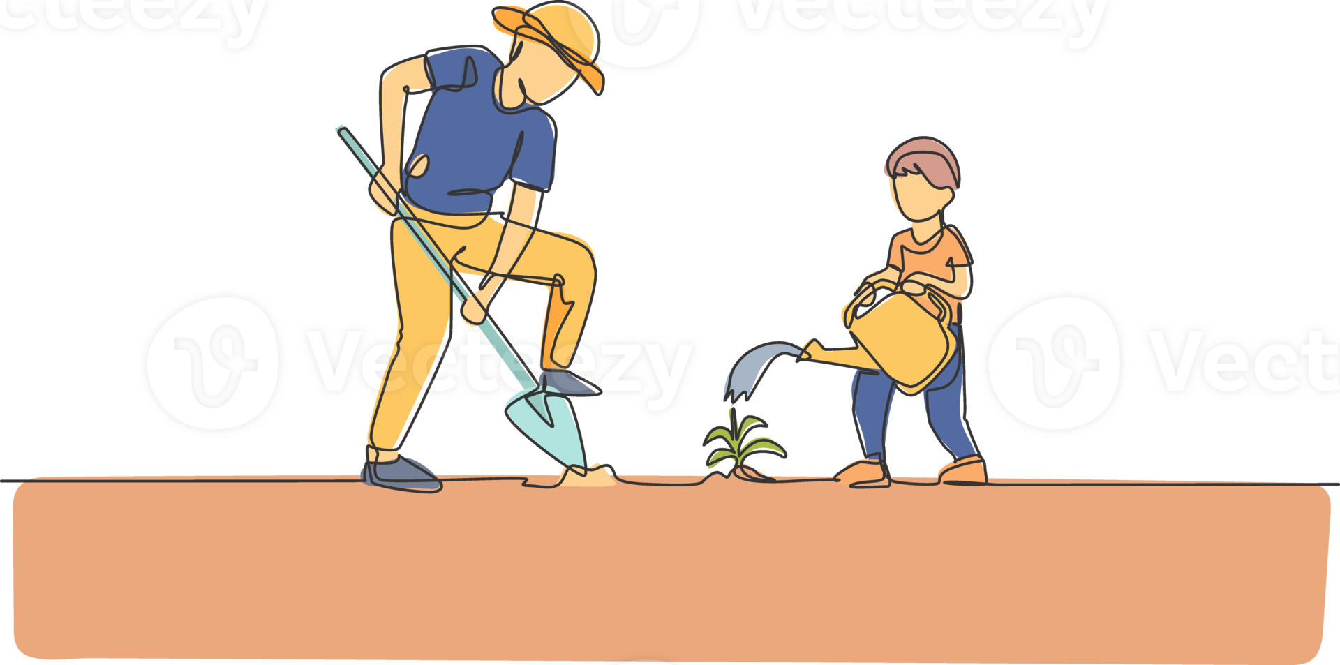 Single continuous line drawing young dad digging ground using shovel and son watering a plant at home garden . Happy family parenthood concept. Trendy one line graphic draw design illustration png