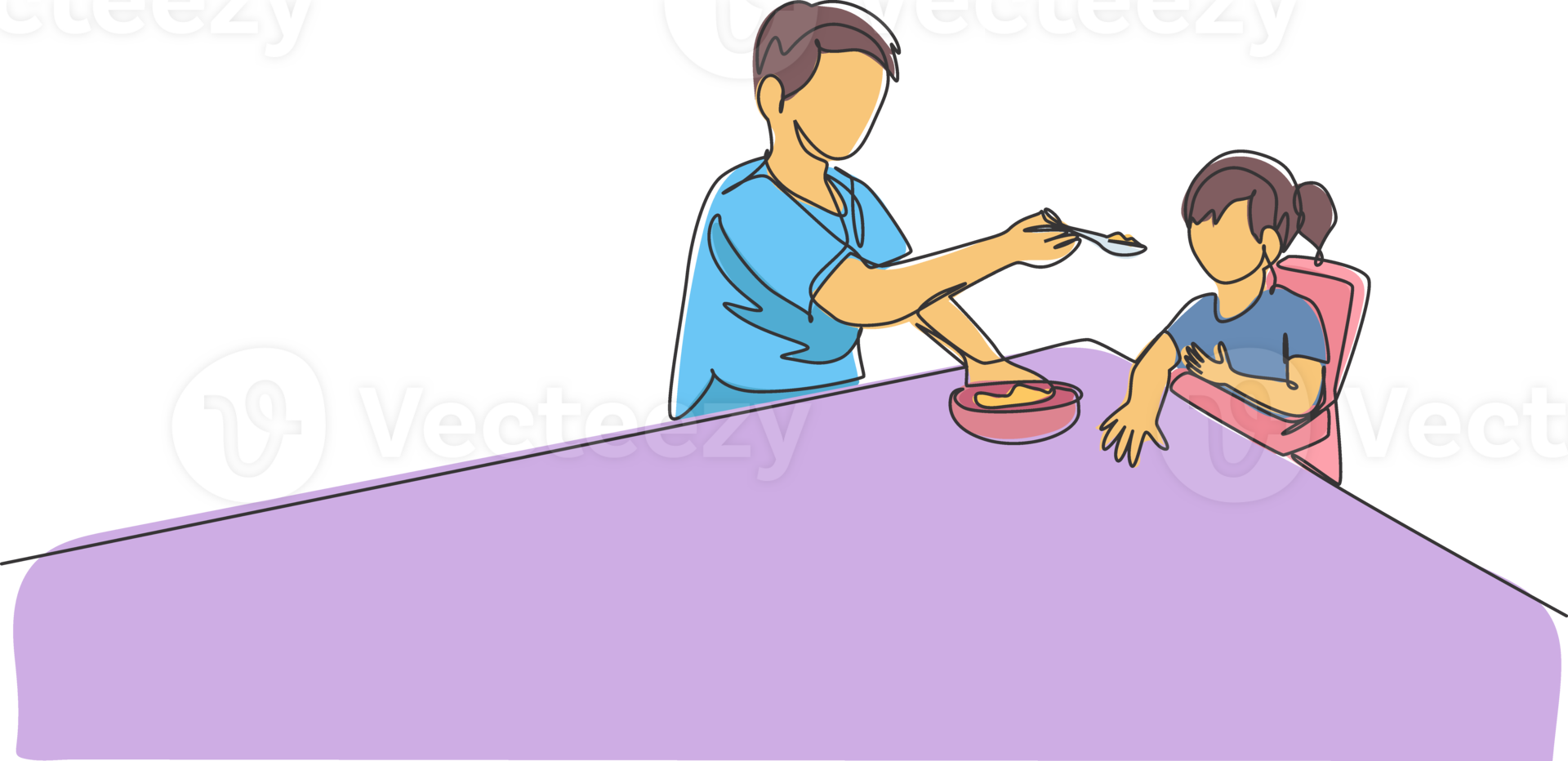 One continuous line drawing young dad feeding his sick fever daughter while siting on dining chair at home. Happy family parenting concept. Dynamic single line draw design graphic illustration png