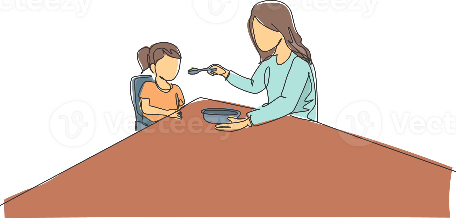 Single continuous line drawing of young mother feeding her sick fever daughter while siting on dining chair at home. Happy family parenthood concept. Trendy one line draw design illustration png